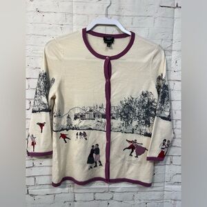 Talbots Italian Merino Wool Ice Skating Scene Cardigan Size Medium Purple Cream